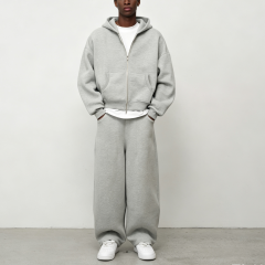 Custom Made Heavyweight Cotton High Density Ash Grey Boxy Cropped Two Way Zipper Blank Hooded Men's Solid Tracksuit