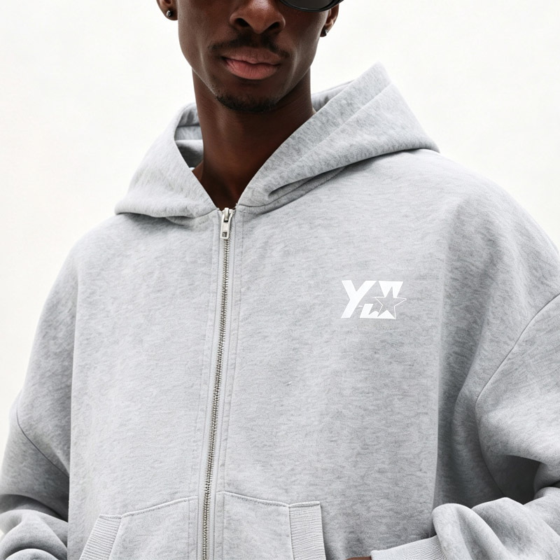Custom Men Heather Grey Heavyweight French Terry Cropped Boxy Full Zip Hoodie Wide Leg Sweatpants Streetwear Tracksuit Set