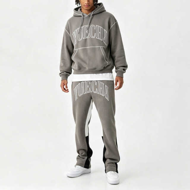Custom Grey Heavyweight Vintage Winter Streetwear Tracksuit 2 Outlined Embroidery Contrast Stitching Boxy Fit 100% Cotton Men's