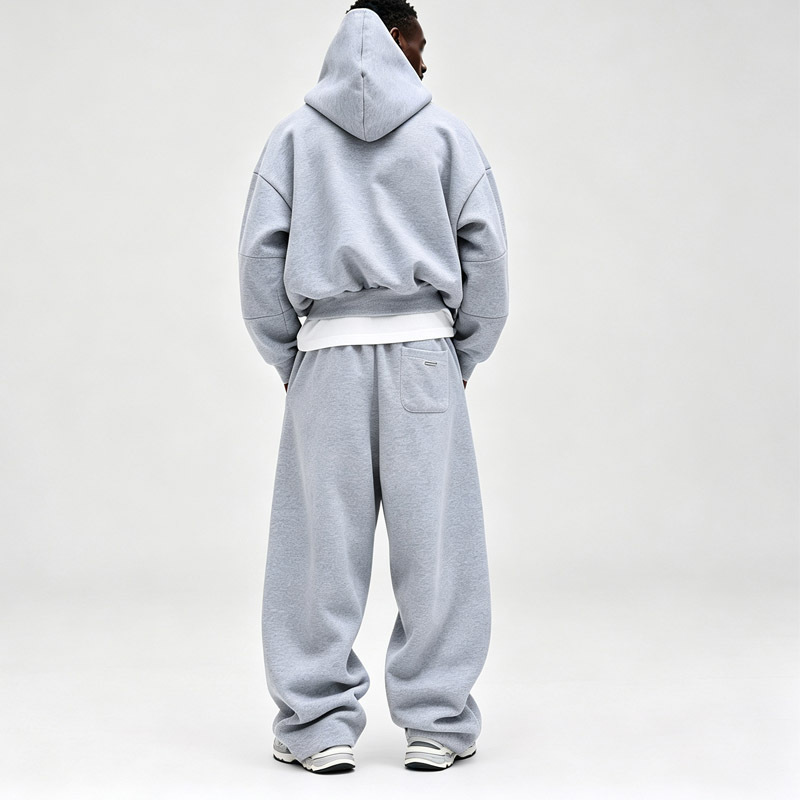 Custom Men's Cropped Oversized Pullover Hoodie Heather Grey Heavyweight French Terry Blank Wide Leg Casual Streetwear 2Piece Set