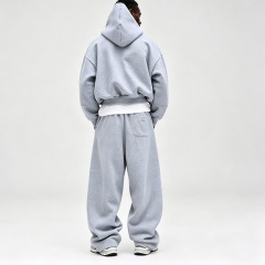 Custom Men's Cropped Oversized Pullover Hoodie Heather Grey Heavyweight French Terry Blank Wide Leg Casual Streetwear 2Piece Set