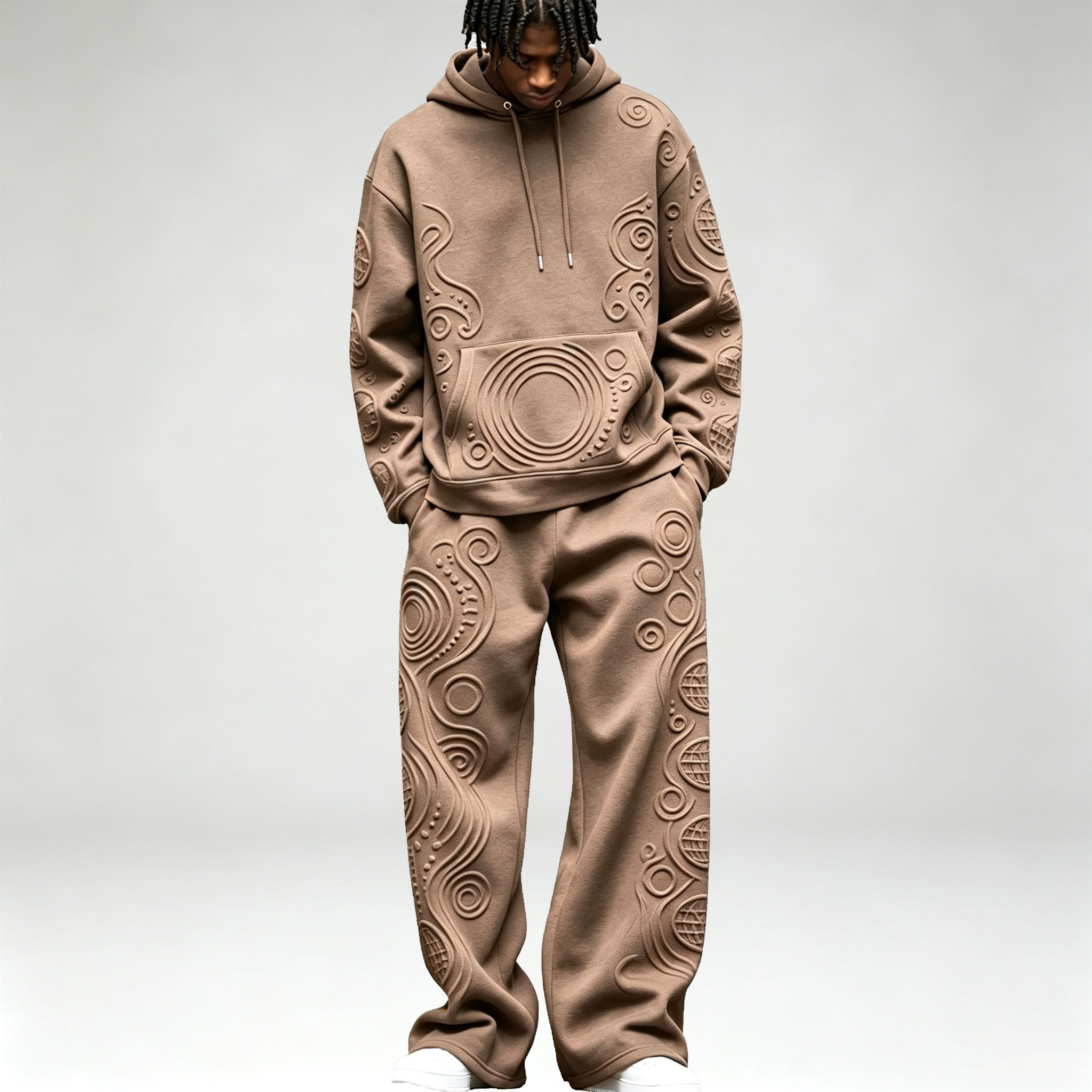 Custom 3D Embossed Pullover Hoodie Wide Leg Trousers 2 Pieces Cotton Blend Relaxed Men's Textured Tracksuit Set