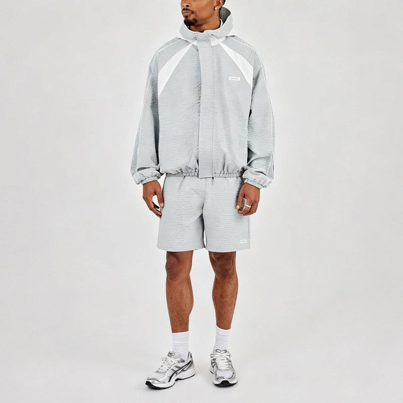 Custom Men Oversized Hooded Windbreaker Short 2 Piece Tracksuit Set Check Woven Panelling Design Zip Popper
