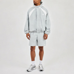 Custom Men Oversized Hooded Windbreaker Short 2 Piece Tracksuit Set Check Woven Panelling Design Zip Popper