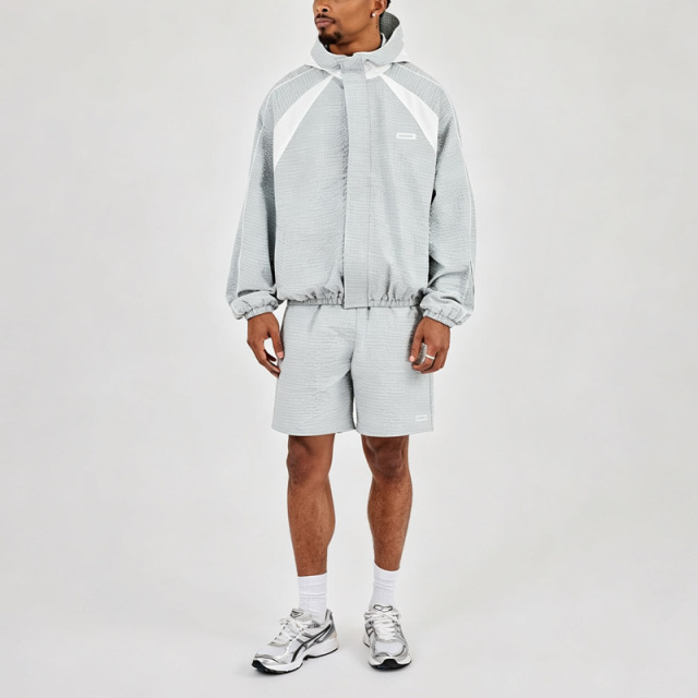 Custom Men Oversized Hooded Windbreaker Short 2 Piece Tracksuit Set Check Woven Panelling Design Zip Popper