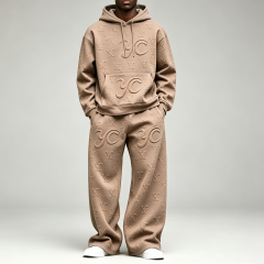 Custom Embossed Applique Embroidery 100% Cotton Fleece Drawstring Hood Pullover Wide Leg 2 Pieces Men's Winter Streetwear Casual