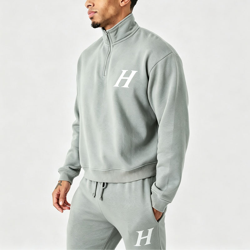 Custom Mens Winter Boxy Quarter Zip Funnel Neck Embroidered Flared Jogger Tracksuit Fleece Back Screen Printing Black Streetwear