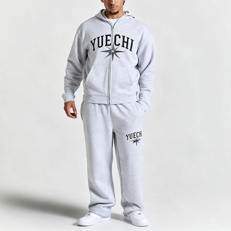 Men Regular Fit Hoodie Tracksuit 440 Gsm 100% Cotton Raw Edge Screen Print Double Ended Zip Wide Leg Sweatpants 2 Piece Set