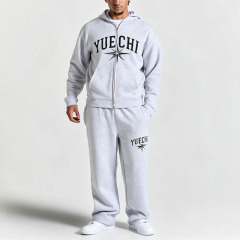 Men Regular Fit Hoodie Tracksuit 440 Gsm 100% Cotton Raw Edge Screen Print Double Ended Zip Wide Leg Sweatpants 2 Piece Set