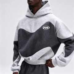Men Color Block Cropped Tracksuit 100% Cotton French Terry Boxy Drop Shoulder Loose Fit Hoodie Wide Leg Embroidered Streetwear