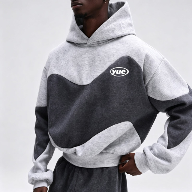 Men Color Block Cropped Tracksuit 100% Cotton French Terry Boxy Drop Shoulder Loose Fit Hoodie Wide Leg Embroidered Streetwear
