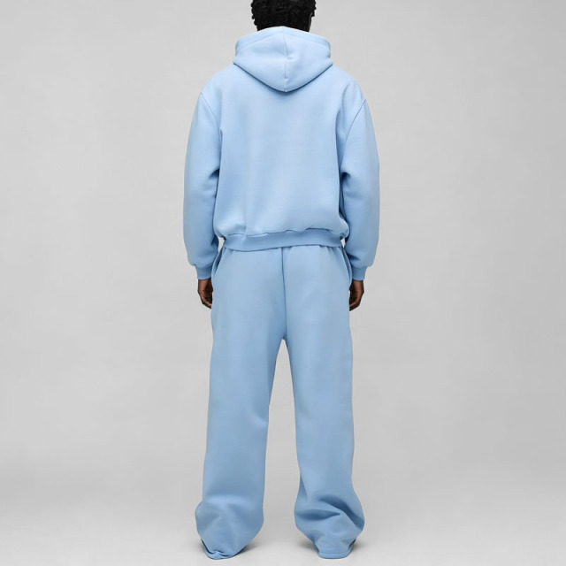 Custom 2 Pieces Full Zip up Boxy Fit Baggy Wide Leg Blue Cotton Polyester Streetwear Men's Screen Printing Tracksuit Set