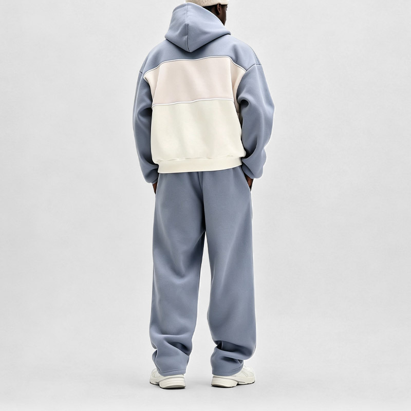 Men Color Block Fleece Lining Hooded Tracksuit Oversized Drop Shoulder Embroidery Elastic Drawstring Waist Streetwear 2 Piece