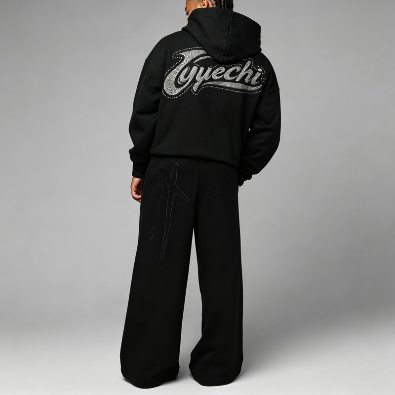 Custom Streetwear Mens Black Full Zip Hoodie Dropped Shoulder Rhinestone Decor Brushed Fleece Lining Relaxed Fit Tracksuit