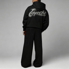 Custom Streetwear Mens Black Full Zip Hoodie Dropped Shoulder Rhinestone Decor Brushed Fleece Lining Relaxed Fit Tracksuit