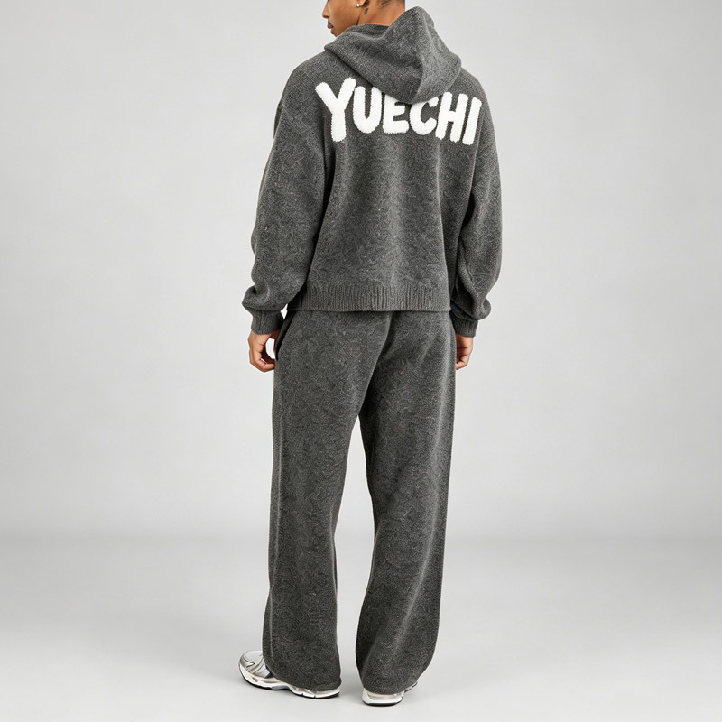 Men's Boxy Cropped Tracksuit 2 Piece Set Charcoal Knit Intarsia Knit Oversized Drop Shoulder Elastic Waist Wide Leg Sweatpants