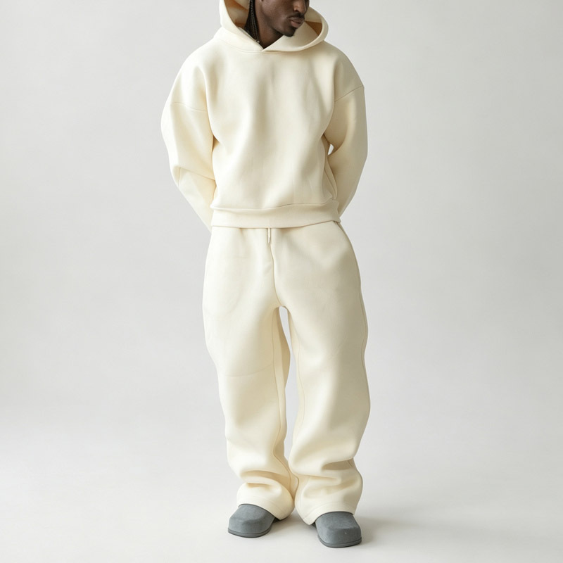 Men's Heavy Cotton Fleece Hooded Sweat Suit Cropped Oversized Hoodie Drawstring Waist Wide Leg Pant Solid Color Two Piece Outfit