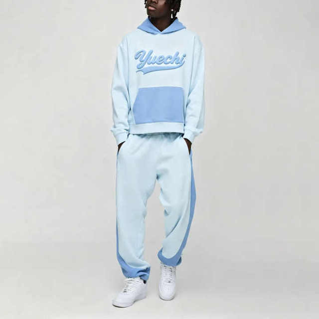 Custom Puff Printing 2 Pieces Contrast Color Panel French Terry Boxy Fit Sky Blue Streetwear Men's 100% Cotton Tracksuit Set