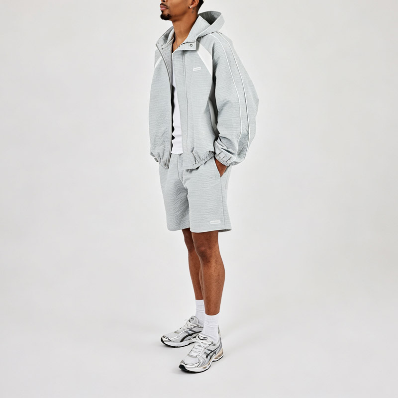 Custom Men Oversized Hooded Windbreaker Short 2 Piece Tracksuit Set Check Woven Panelling Design Zip Popper