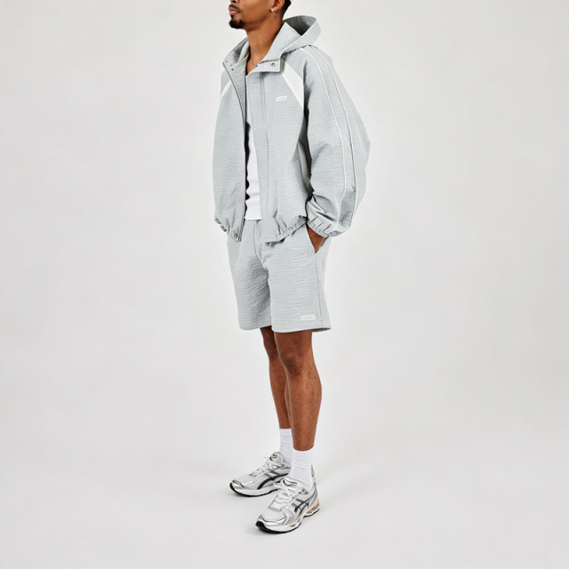 Custom Men Oversized Hooded Windbreaker Short 2 Piece Tracksuit Set Check Woven Panelling Design Zip Popper