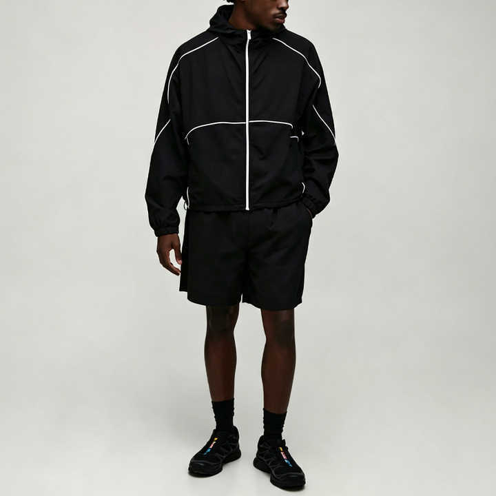 Custom Sets Jacket Set and hoodie set with contrasting piping - Men's urban tech-inspired nylon tracksuit,Leading Custom Apparel Manufacturer | Your Trusted China Sourcing Partner | YC/YUECHI,Custom Made Lightweight Windbreaker Jacket Shorts 2 Pieces Contrast Piping Hooded Nylon Men's Urban Techwear Tracksuit
