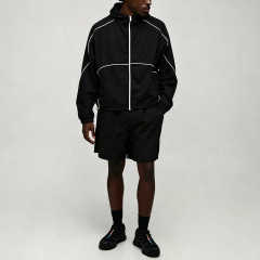 Custom Sets Jacket Set and hoodie set with contrasting piping - Men's urban tech-inspired nylon tracksuit,Leading Custom Apparel Manufacturer | Your Trusted China Sourcing Partner | YC/YUECHI,Custom Made Lightweight Windbreaker Jacket Shorts 2 Pieces Contrast Piping Hooded Nylon Men's Urban Techwear Tracksuit