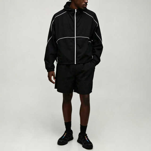 Custom Sets Jacket Set and hoodie set with contrasting piping - Men's urban tech-inspired nylon tracksuit,Leading Custom Apparel Manufacturer | Your Trusted China Sourcing Partner | YC/YUECHI,Custom Made Lightweight Windbreaker Jacket Shorts 2 Pieces Contrast Piping Hooded Nylon Men's Urban Techwear Tracksuit