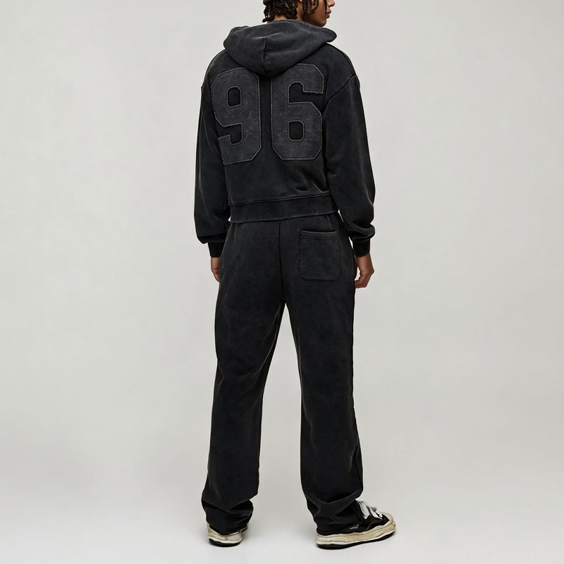 Custom Men Autumn French Terry Shrunken Fit Distressed Washed Zip Hoodie Straight Leg Tracksuit 100% Cotton Applique Streetwear