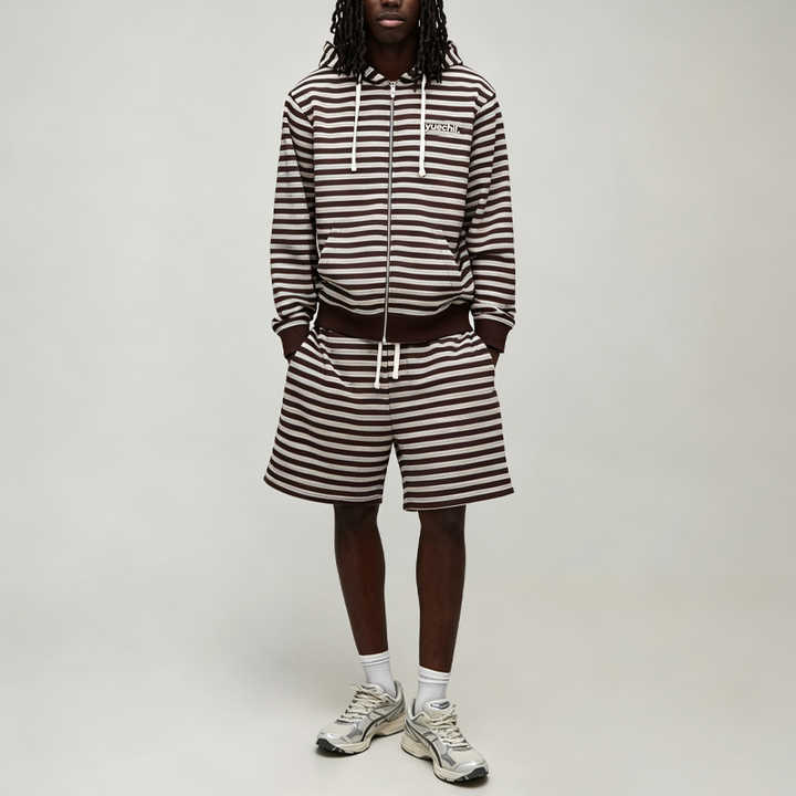 Custom Made Winter Full Zip Hooded Drawstring 2 Pieces Boxy Fit Brown Red Urban Men's Stripe Streetwear Cotton Tracksuit