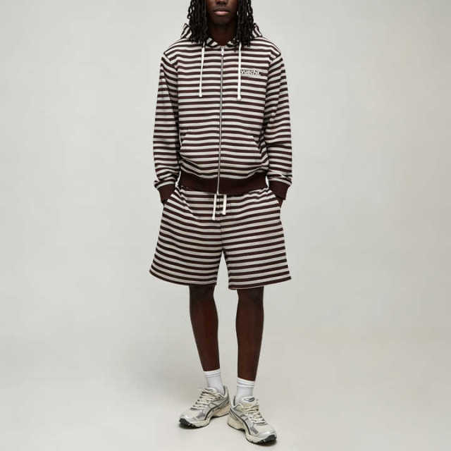 Custom Made Winter Full Zip Hooded Drawstring 2 Pieces Boxy Fit Brown Red Urban Men's Stripe Streetwear Cotton Tracksuit