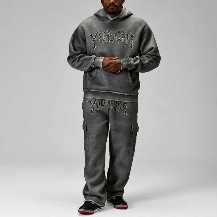Custom Men's Oversized Fit Tracksuit Heavyweight 450 Gsm Fleece Distressed Cracked Spray Printing Graphic Cargo Baggy 2 Piece