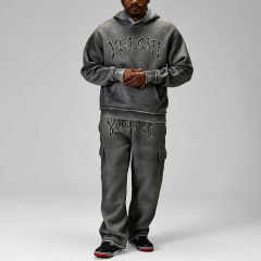 Custom Men's Oversized Fit Tracksuit Heavyweight 450 Gsm Fleece Distressed Cracked Spray Printing Graphic Cargo Baggy 2 Piece