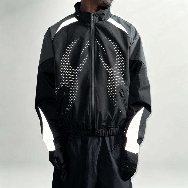 Custom Mens 3M Reflective Panelling Tracksuit Perforated Graphic Slight Crop Full Zip Jacket and Wide Leg Pant Streetwear Set