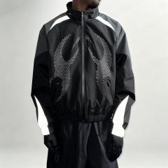 Custom Mens 3M Reflective Panelling Tracksuit Perforated Graphic Slight Crop Full Zip Jacket and Wide Leg Pant Streetwear Set