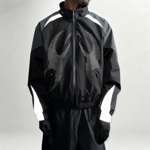 Custom Mens 3M Reflective Panelling Tracksuit Perforated Graphic Slight Crop Full Zip Jacket and Wide Leg Pant Streetwear Set