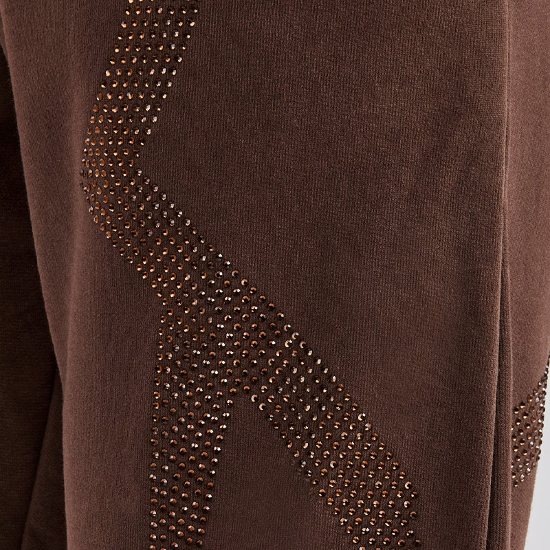 Custom Mens Chocolate Brown Rhinestone Tracksuit Set Zip up Hooded Jacket Oversized Fit Elastic Waist Cuffed Jogger Pants