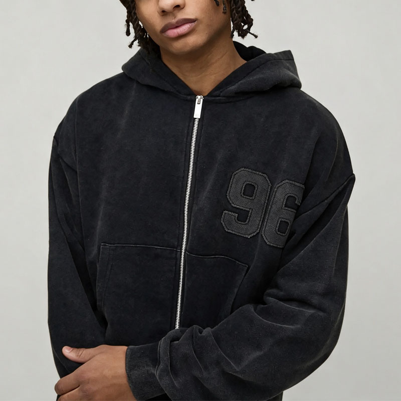 Custom Men Autumn French Terry Shrunken Fit Distressed Washed Zip Hoodie Straight Leg Tracksuit 100% Cotton Applique Streetwear