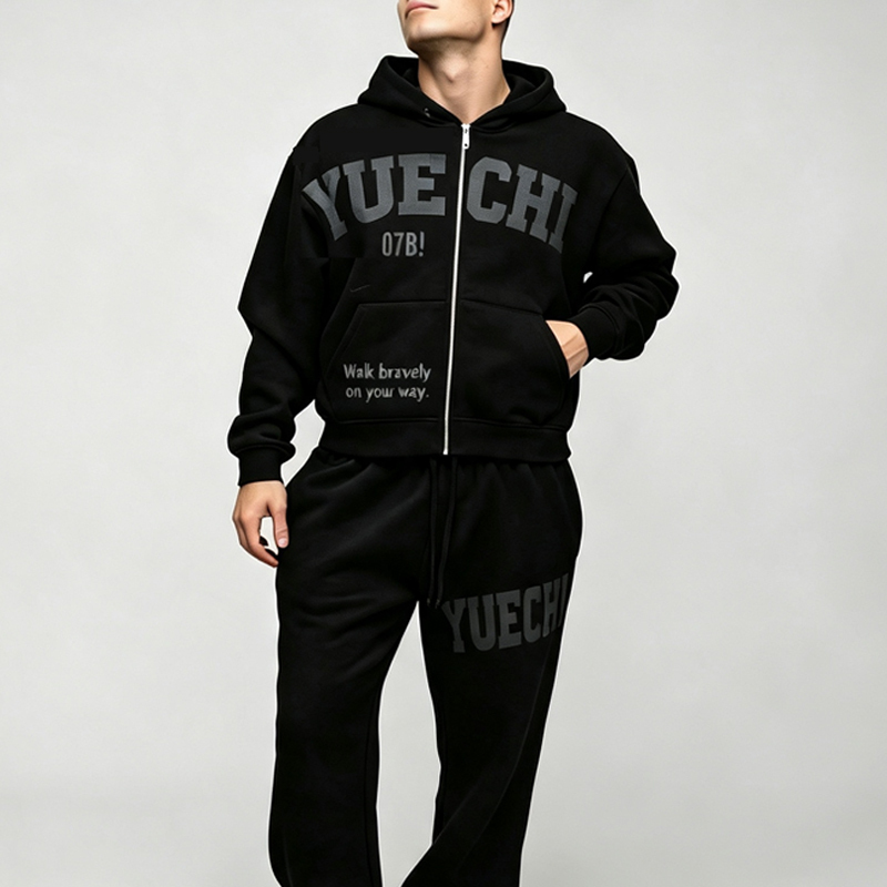 Custom Screen Print 100% Cotton Fleece Winter 2 Pieces Full Zip Boxy Fit Baggy Cropped Black Durable Men's Streetwear Tracksuit