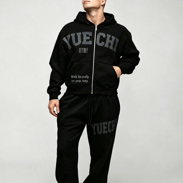 Custom Screen Print 100% Cotton Fleece Winter 2 Pieces Full Zip Boxy Fit Baggy Cropped Black Durable Men's Streetwear Tracksuit