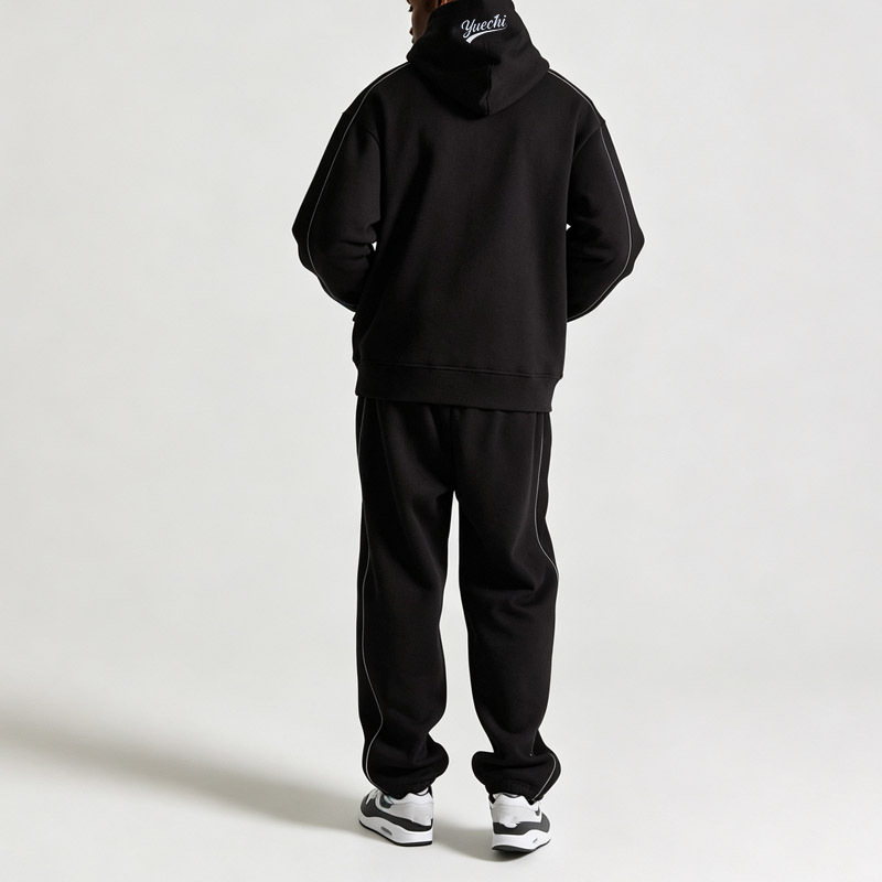 Custom Men Boxy Oversized Hoodie Jogger Pants 2 Piece Set 100% Cotton Fleece Reflective Piping Embroidery Rubber Patch Tracksuit