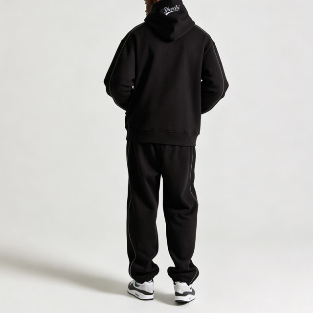 Custom Men Boxy Oversized Hoodie Jogger Pants 2 Piece Set 100% Cotton Fleece Reflective Piping Embroidery Rubber Patch Tracksuit