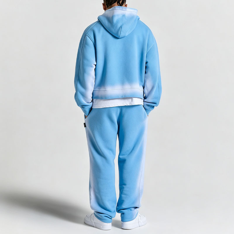 Custom Men's Boxy Fit Pullover Hoodie Wide Leg Jogger Tracksuit Heavyweight Fleece 100% Cotton Sun Faded Embroidered Streetwear