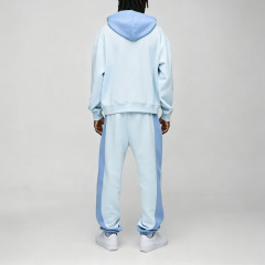 Custom Puff Printing 2 Pieces Contrast Color Panel French Terry Boxy Fit Sky Blue Streetwear Men's 100% Cotton Tracksuit Set