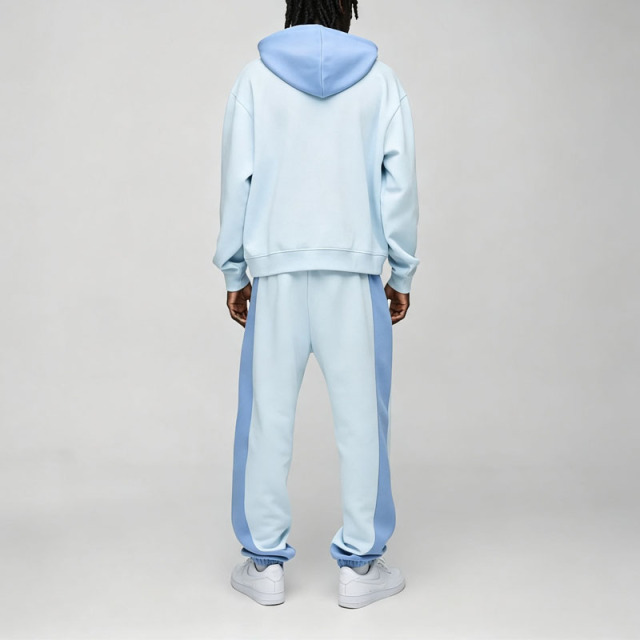 Custom Puff Printing 2 Pieces Contrast Color Panel French Terry Boxy Fit Sky Blue Streetwear Men's 100% Cotton Tracksuit Set
