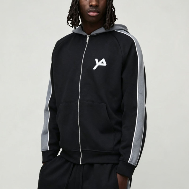 Custom Men's Color Block Panel Zip up Hoodie Relaxed Straight Jogger Tracksuit Oversized Streetwear Interlock Two Piece Set