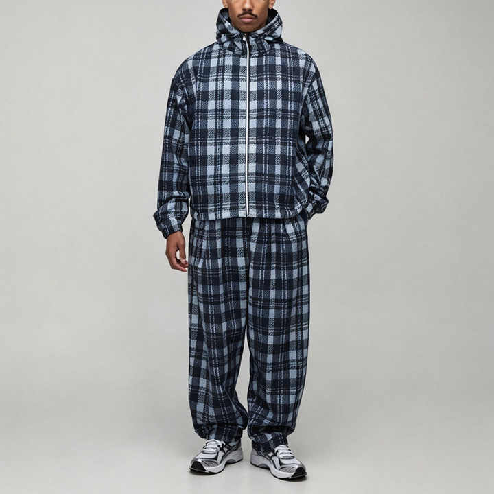 Custom Regular Fit Nylon Check 2 Pieces Zip up Hooded Cotton Polyester Plaid Blue Black Streetwear Men's Flannel Tracksuit Set