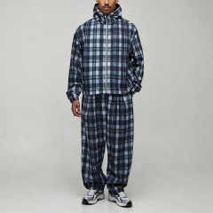 Custom Regular Fit Nylon Check 2 Pieces Zip up Hooded Cotton Polyester Plaid Blue Black Streetwear Men's Flannel Tracksuit Set
