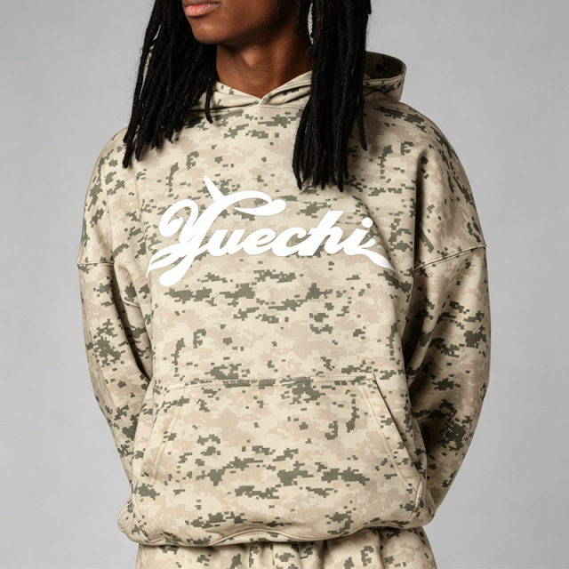 Men Boxy Dropped Shoulder Hoodie Tracksuit DTG Full Camo Print Puff Printing French Terry Elastic Waist Wide Leg Sweatpants