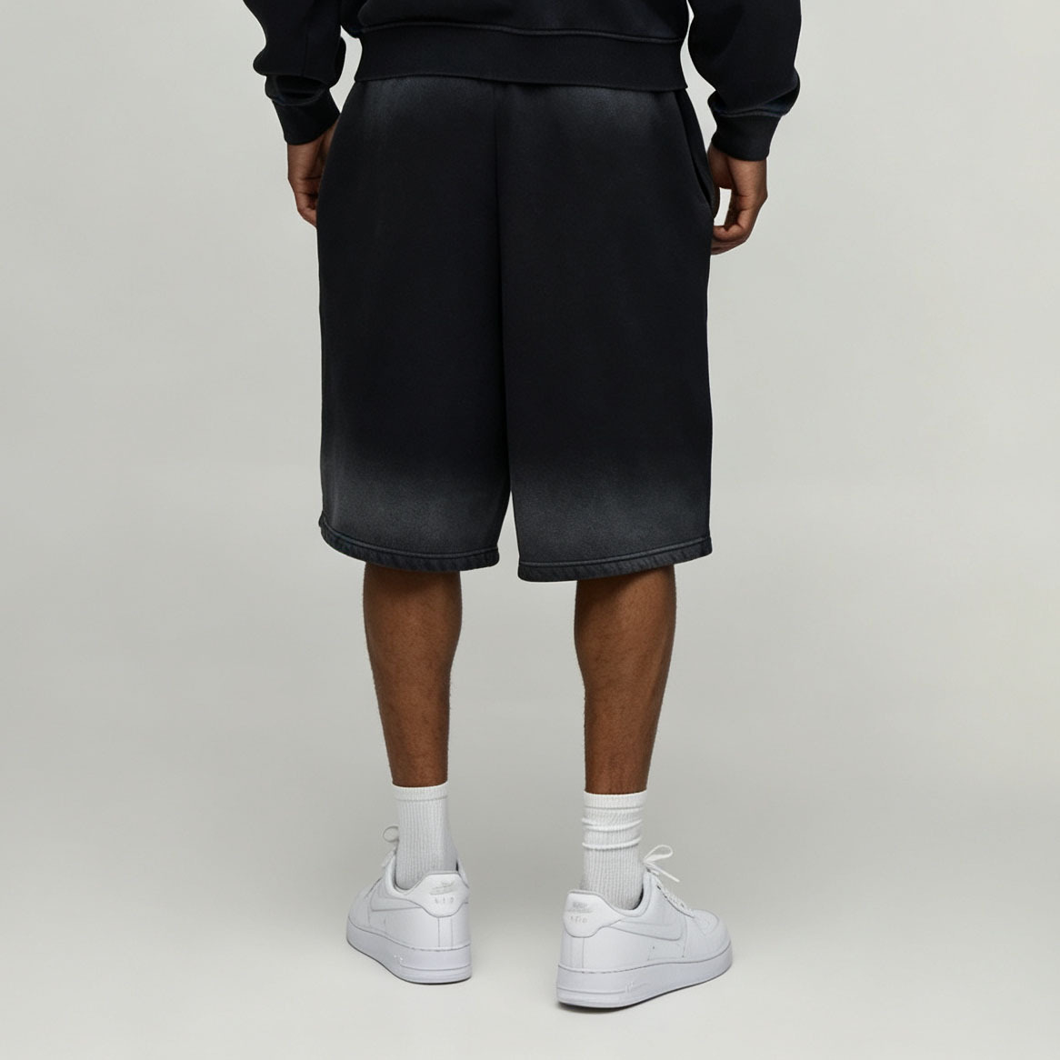Custom Sun Faded Embroidery Full Zip Hoodie Knee Length Shorts 2 Pieces Washed Black Cotton French Terry Men's Casual Tracksuit