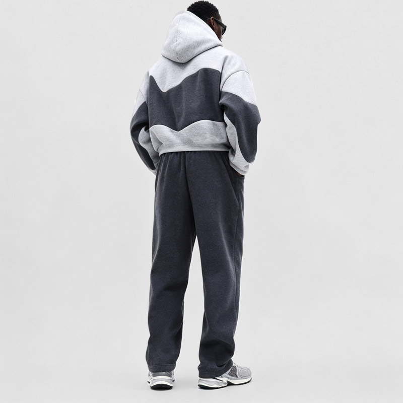 Men Color Block Cropped Tracksuit 100% Cotton French Terry Boxy Drop Shoulder Loose Fit Hoodie Wide Leg Embroidered Streetwear